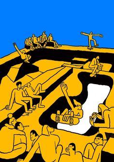 a drawing of people sitting on the ground in front of a blue and yellow background