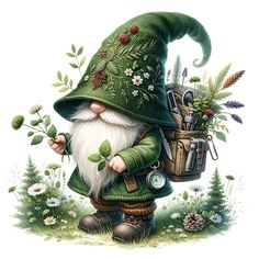 a painting of a gnome carrying a bag full of gardening tools and plants in his hand