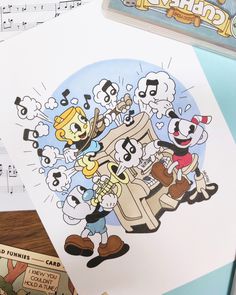 an image of cartoon characters with music notes on the table next to them and some other items