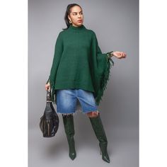 Indulge In Comfort And Style With This Chic And Modern Poncho/Cloak. Made With High-Quality Materials, This Essential Piece Offers Exceptional Warmth And Style To Any Outfit. The Cloak Features A Mock Neckline That Adds A Modern Touch To Its Classic Poncho-Style Silhouette, Making It Perfect For Any Occasion. The Spacious, Wide-Open Fringe Sleeves Add Charm And Flair To The Overall Look, Making It A Must-Have Addition To Your Wardrobe. Whether Running Errands Or Attending A Social Event, This Cl Green Oversized Poncho, Oversized Green Cape For Fall, Oversized Green Poncho For Winter, Poncho Cloak, Stylish Drapes, Fringe Sleeves, Social Event, Poncho Style, Poncho Cape