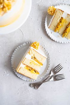 two plates with slices of cake on them next to one plate with a slice missing