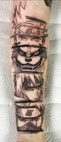 a man's leg with tattoos on it that has three images of the same character