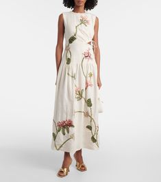 Linen Midi Dress, White Midi Dress, Embroidered Design, Midi Length, White Dress, Round Neck, Midi Dress, Wardrobe, Dresses