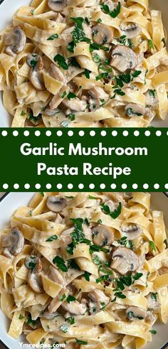 garlic mushroom pasta recipe on a white plate