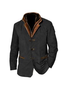 Men Jackets, Plus Size Men Vintage Carlsbad Calfskin Leather Blazer With Merino Shearling Collar Men Jackets, Men Vintage, Leather Blazer, Faux Suede, Calf Skin, Mens Jackets, Dark Blue, Blazer, Plus Size