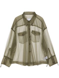 khaki semi-sheer construction button-down collar front press-stud fastening two chest flap pockets long sleeves buttoned cuffs curved hem Mesh Button Up Shirt, Mesh Button Up, Versace Outfit, Sheer Shirt, Yoko London, City Dress, Summer Beach Wear, Sheer Blouse, Jacket Tops