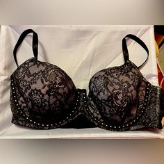 “Super Sexy Balconette” Lace Bra With Gems From Victoria’s Secret. Never Worn! Party Push-up Bra Partially Lined, Party Push-up Partially Lined Bra, Chic Underwire Bra For Party, Elegant Fitted Party Bra, Fitted Bra With Padded Cups For Night Out, Glamorous Fitted Bra For Parties, Fitted Padded Bra For Night Out, Fitted Black Bra For Club, Padded Bra For Night Out