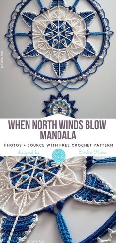 an image of a blue and white crochet pattern with the words when north winds blow