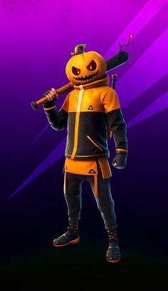 a person in an orange and black outfit holding a baseball bat with a jack - o'- lantern on it