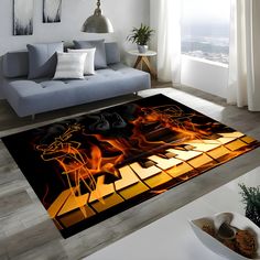 a living room area rug with a piano on fire