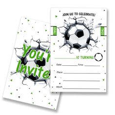 a soccer birthday party card with the words you're invite and a ball coming out of it