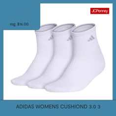 These adidas quarter-length socks keep feet dry and comfortable during any training session. They're made with moisture-wicking yarn and have mesh zones for added ventilation. A cushioned footbed has a soft feel from step-in to step-out.# Pieces In Set: 3 PairFeatures: Cuffed, Cushioned, Stretch FabricShoe Size Range: 5-10Fiber Content: 82% Polyester, 15% Cotton, 3% SpandexFabric Description: KnitCare: Machine Wash, Tumble DryCountry of Origin: Imported Socks Womens, Quarter Socks, Adidas Womens, Ankle Socks, Adidas Women, Clothing And Shoes, Color White, Socks, Cuff