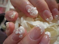 wedding nails! Wedding Nails For Bride Pearl, White Nails With Flowers, Elegant Wedding Nails For Bride, Elegant Wedding Nails, Nails With Flowers, Nail Designs Bling, Wedding Day Nails, Wedding Manicure, Nails For Bride