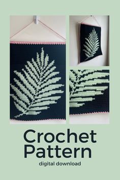 the crochet pattern is shown with two pictures of leaves on it, and one has