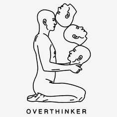 a black and white line drawing of a man holding a baby with the words overthiker on it