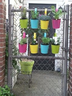 there are many potted plants on the fence