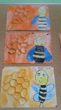 three bees painted on paper with honeycombs in the middle and one bee sitting on top