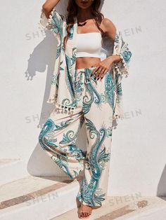 SHEIN VCAY Conjunto De Blusa Kimono Y Pantalones Sueltos Estampados De Pavo Real Para Mujeres | SHEIN USA Kimono Blouse, Peacock Print, Print Kimonos, Loose Pants, Fashion Online Shop, All Fashion, Pants Set, Paisley, Latest Trends