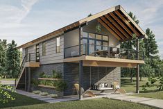 an artist's rendering of a modern house in the middle of a wooded area