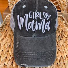 Brand New Girl Mama Ponytail Hat! This Adorable Hat Is So Flattering On Everyone! It Has A Distressed Look, With White Embroidery And A Cute Cross Cross Design In The Back And An Adjustable Velcro Strap. Adjustable Brimmed Hats With Letter Print, Adjustable Gray Hat With Letter Print, Adjustable Cotton Mini Hats Casual Style, Casual Mini Baseball Cap With Letter Print, Adjustable Casual Cotton Mini Hats, Casual Adjustable Cotton Mini Hats, Adjustable Casual Mini Cotton Hats, Cute Cotton Hat, One Size Fits All, Cute Cotton Hat One Size