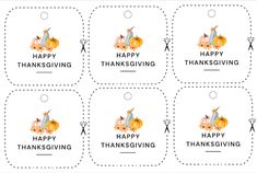 four tags with thanksgiving sayings on them and pumpkins in the middle one says happy thanksgiving