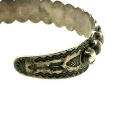 "Vintage Bell Trading Post Sterling Silver Cuff Bracelet - Detailed, intricate silver work with bubbles/circles and Navajo stamped designs on the sides - Made by Bell Trading Post - signed and marked \"Sterling\" - Cuff measures 5.25\" end to end, opening .96\", width of band about .54\" - Cuff weighs 22.5g - Cuff could be squeezed/pulled adjusted if needed, not rigid - Cuff is in very good vintage condition, with patina to the silver consistent with age, cuff has not been cleaned. The perfect c Trading Post, Vintage Bell, Sterling Silver Cuff Bracelet, Silver Work, Sterling Silver Cuff, Silver Cuff Bracelet, Silver Enamel, Silver Cuff, Vintage Sterling Silver