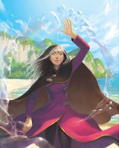 a woman with long black hair wearing a purple dress and holding her hands up in the air