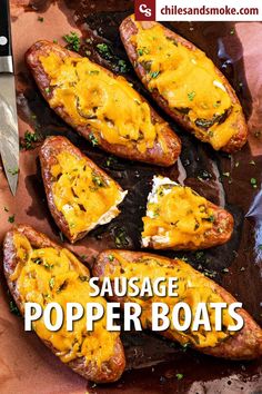 sausage and popper boats on a cutting board with a knife