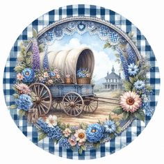 a blue and white checkered plate with a wagon filled with flowers