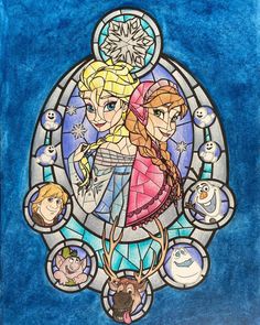 a stained glass window with disney characters and snowmen in the center, on blue paper