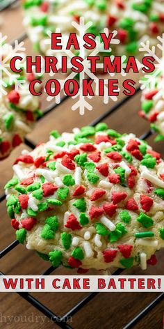 easy christmas cookies with cake batter and sprinkles on a cooling rack for baking