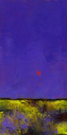 an abstract painting of purple and green grass with the sun in the distance behind it