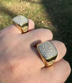 "Sharp looking men's iced out square cluster pinky cluster ring. SOLID 925 sterling silver finished in 14k yellow gold Gold is bonded to solid 925 silver underneath so color lasts many many years Stamped 925 Ring is set with 0.7ct simulated diamonds (CZ) 9-11 grams depending on size! Good size about 0.6\" or 15mm from top to bottom Very nice and heavy feel Sizes 7 to 13 Ships fast" 925 Ring, Cluster Ring, Gold Gold, Silver Band, Rings Statement, Solid 925 Sterling Silver, Gold Finish, Vintage Gold, Beautiful Necklaces