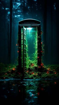 an open phone booth in the middle of a forest at night with lights on it