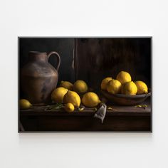 a painting of lemons and a pitcher on a table