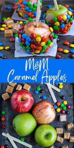 an apple made out of candy and marshmallows on a tray with the words mom caramel apples