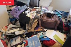 a pile of luggage sitting on top of a bed next to a bag and other items