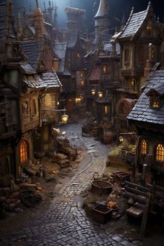 an image of a fantasy village at night