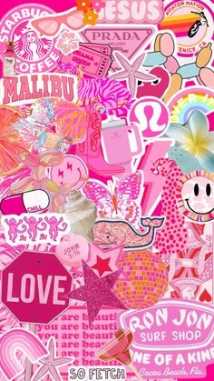 a bunch of stickers that are on top of a pink background with the words love