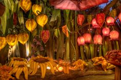 an artistic display of flowers and plants with lights in the background, including bananas hanging from them