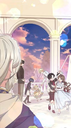 an anime scene with many people dressed in formal clothing and one person wearing a white dress