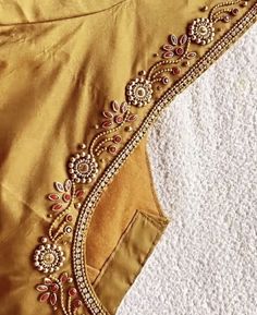 Dress Aari Work Design, Aari Work Back Design, Aari Work Dress Designs, Gold Blouse Aari Work Designs, Simple Work For Blouse, Blouse Neck Embroidery Design, Arri Work Hand Design Simple, Simple Aari Neck Designs, Simple Zardosi Work Designs