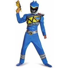 a boy in a blue power ranger costume holding a yellow and black baseball mitt