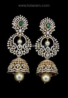 18 Karat Gold '2 in 1' Detachable Diamond Jhumkas - Diamond Dangle Earrings with Color Stones & Pearls
  This product has Inter Changeable Stones in the Earrings 
  Width of the Jhumka : 0.90 inches

  Note: Only front side has Diamonds as shown in the picture, the back part of the Jhumka which is not visible from the front is only Gold without Diamonds   - 235-DER1682 - in 32.050 Grams for USD $5033.99. 
Made in India by Totaram Jewelers Online this product is in Gold - 18 Karat Gold  & Luxury Diamond Earrings With Latkans, Luxury Diamond Latkans Earrings, Luxury Dual-tone Temple Jewelry Earrings, Formal Bollywood Diamond Jhumkas, Heavy Diamond Danglers For Reception, Diamond Danglers For Reception, Formal Diamond Hand Set Jhumkas, Formal Hand Set Diamond Jhumkas, Formal Hand-set Diamond Jhumkas