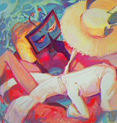 a painting of a woman laying on the ground with a hat and book in her lap