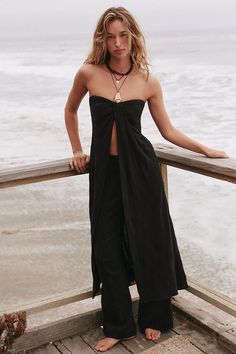 Banita Set | Free People Chic Maxi Length Beach Bottoms, Chic Maxi Bottoms For Beach Season, Chic Split Pants For Day Out, Chic Bandeau Strapless Dress For Beach Season, Chic Split Wide Leg Pants For Spring, Chic Spring Wide Leg Pants With Split, Chic Bandeau Maxi Dress For Day Out, Wide Leg Maxi Dress For Day Out, Beachwear Wide Leg Pants For Day Out