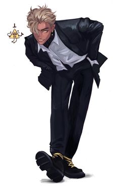 a drawing of a man in a tuxedo with his foot on the ground