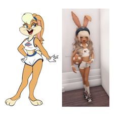 an image of a cartoon character next to a photo of a doll in the same outfit