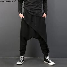 Casual Drape Drop Crotch Harem Pants Trouser Baggy Pants Punk Style Man Street Style, Harem Sweatpants, Sarouel Pants, Hiphop Dance, Mode Hip Hop, Sweatpants Streetwear, Casual Punk, Harem Pants Men, Drape Pants