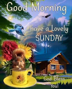 good morning have a lovely sunday card with a squirrel in a coffee cup and sunflowers